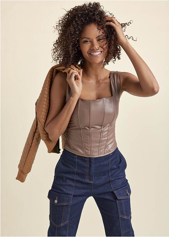 Faux-Leather Corset Top,Faux Leather Bomber Jacket,Denim Cargo Pants,Pointed Lace-Up Heels