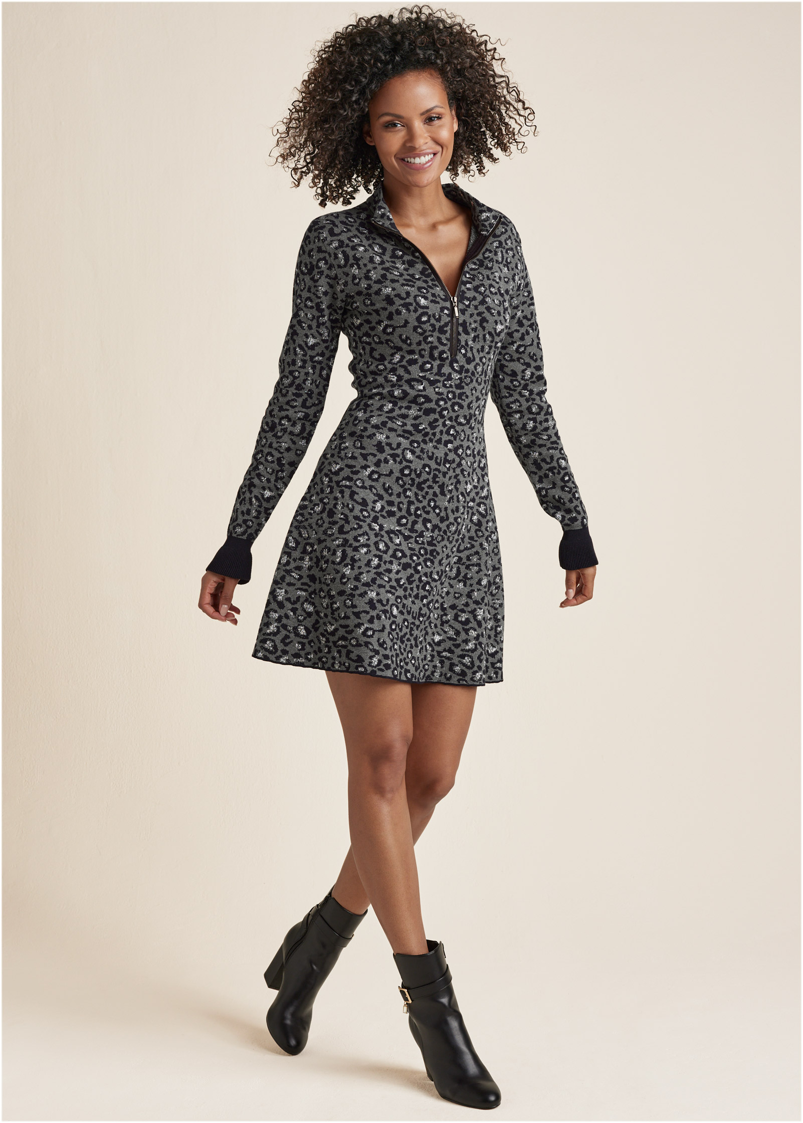 Zip-Front Leopard Sweater Dress in Black Multi | VENUS