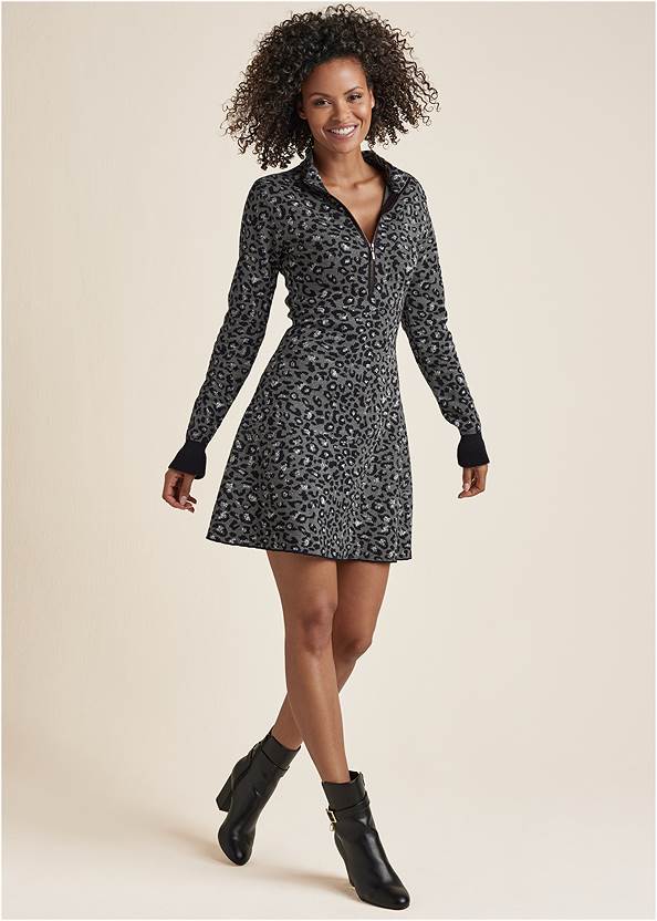 Full front view Zip-Front Leopard Sweater Dress