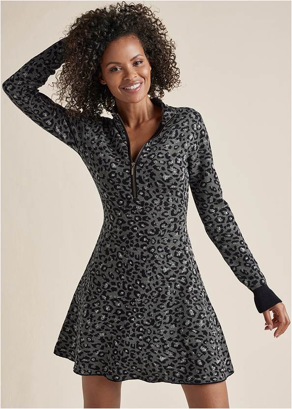 Cropped front view Zip-Front Leopard Sweater Dress
