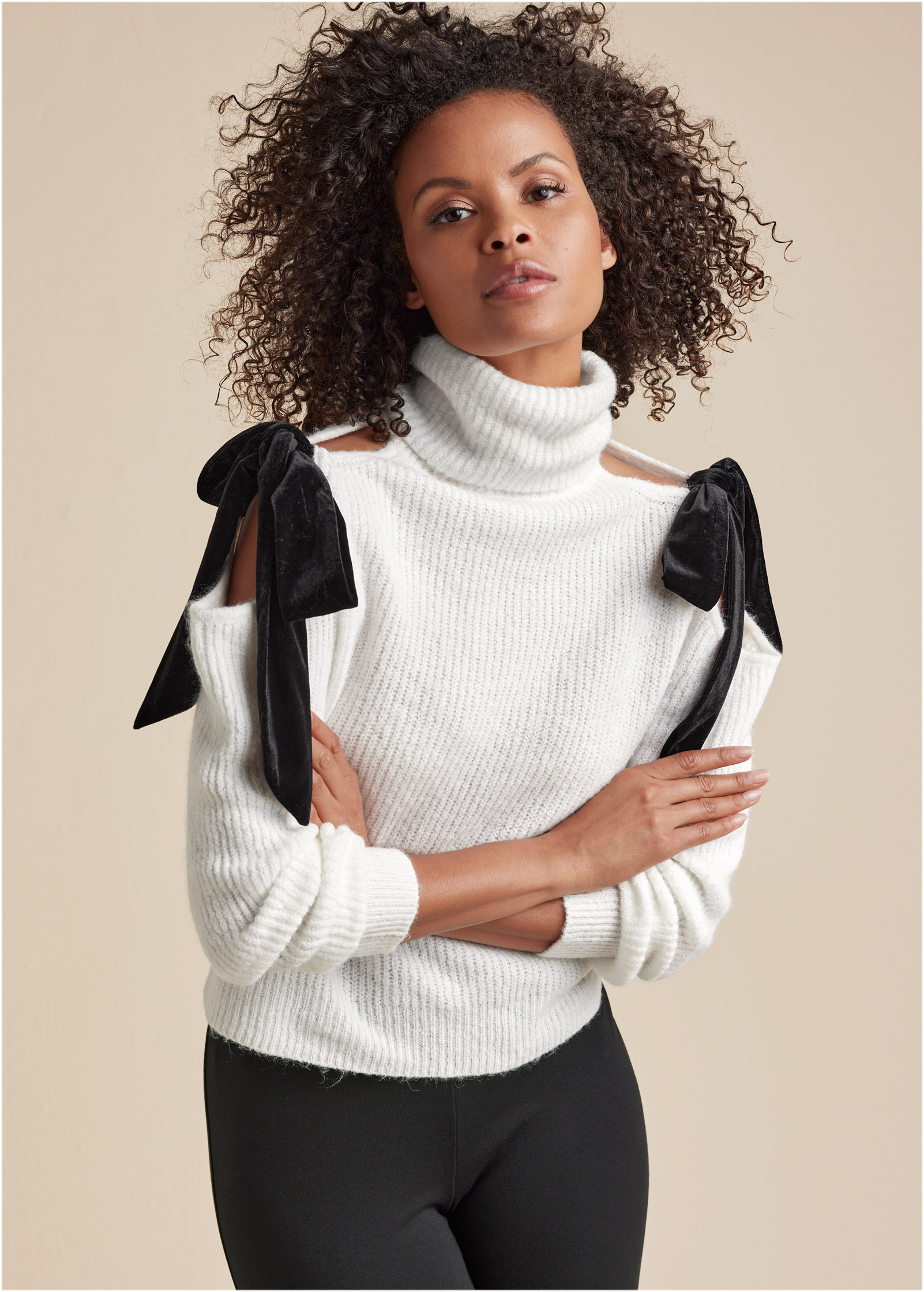 Cold shoulder cowl outlet neck sweater