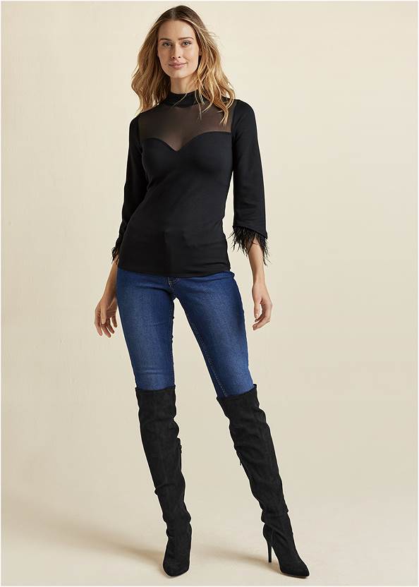 Front View Feather Cuff Mock Neck Top