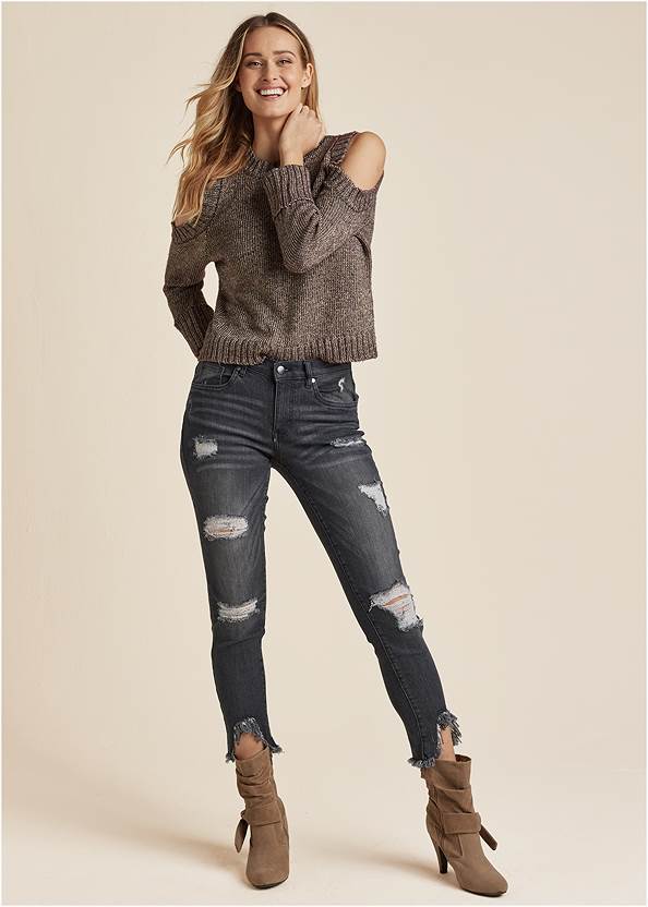 Triangle Hem Jeans,Metallic Sweater,Knotted Slouchy Boots