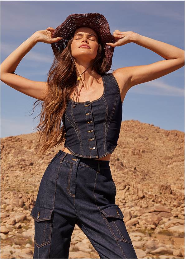 Button-Up Denim Corset Top,Denim Cargo Pants,Western Buckle Wrap Boots,Pointed Lace-Up Heels