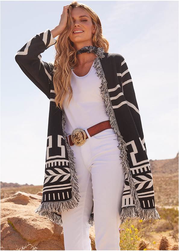 Fringe Belted Cardigan,Square Neck Top,Puff Sleeve V-Neck Tee,Triangle Hem Jeans,Faux-Suede Studded Booties