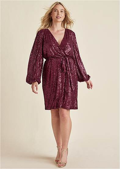 Plus Size Belted Sequin Wrap Dress