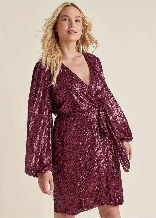 Alternate View Belted Sequin Wrap Dress