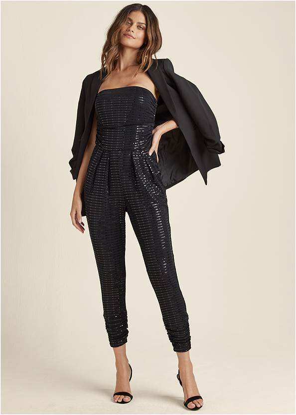 Ruched Sequin Jumpsuit,Ponte Blazer,Sexy Slingback Heels,Peep Toe Mules,Tassel Beaded Necklace,Embellished Jeweled Clutch