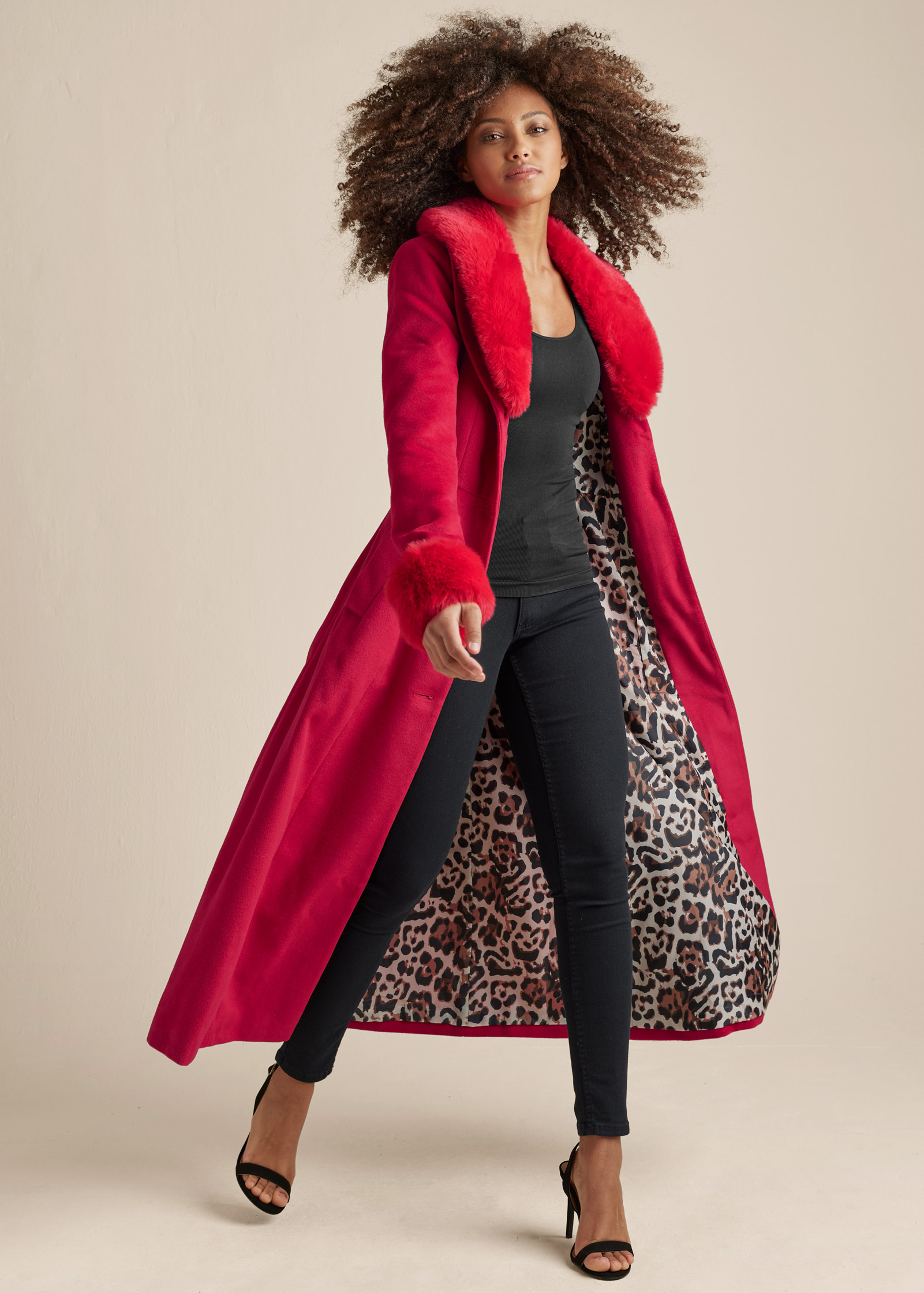 Faux Wool A-line Glam Coat in Red | VENUS