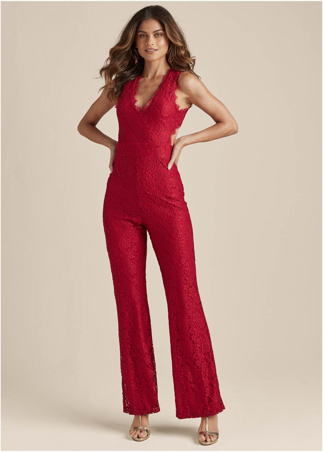 OPEN BACK LACE JUMPSUIT in Red | VENUS