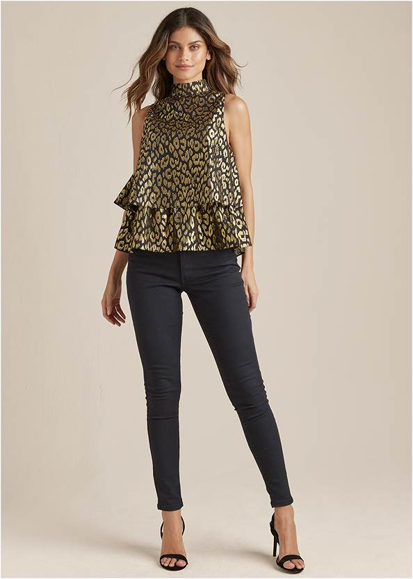 Tiered Hem Mock Neck Top,Faux-Leather Lace-Up Jacket,Heidi Skinny Jeans,Suede Over The Knee Boot