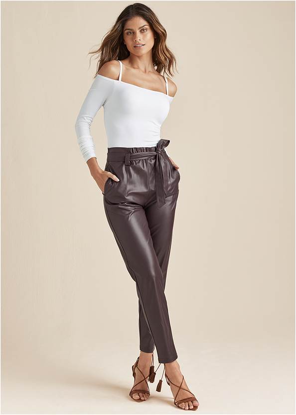 Belted Faux-Leather Pants,Shape Embrace Bodysuit,Puff Sleeve Strappy Top,Pointed Lace-Up Heels