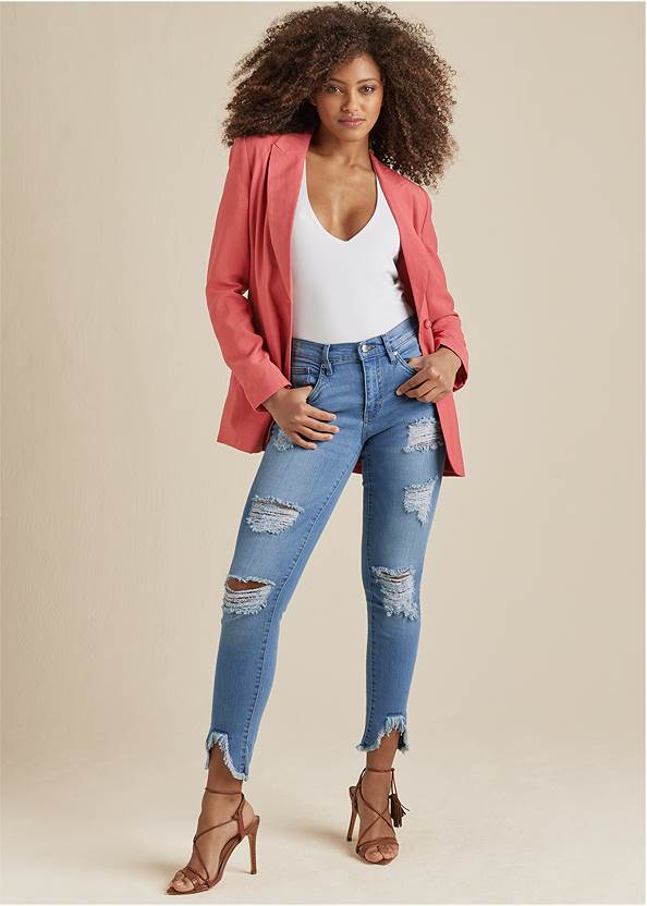 Triangle Hem Jeans,Button-Front Blazer,Racerback Crop Tank,Pointed Lace-Up Heels