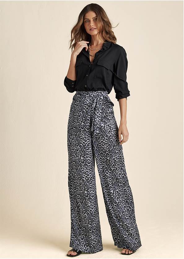 Full front view Satin Faux Wrap Wide Pants