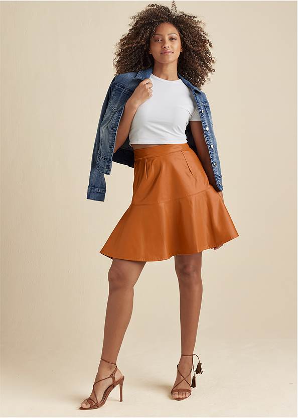 Faux Leather Trumpet Skirt,Basic Cami Two Pack,Jean Jacket,Pointed Lace-Up Heels