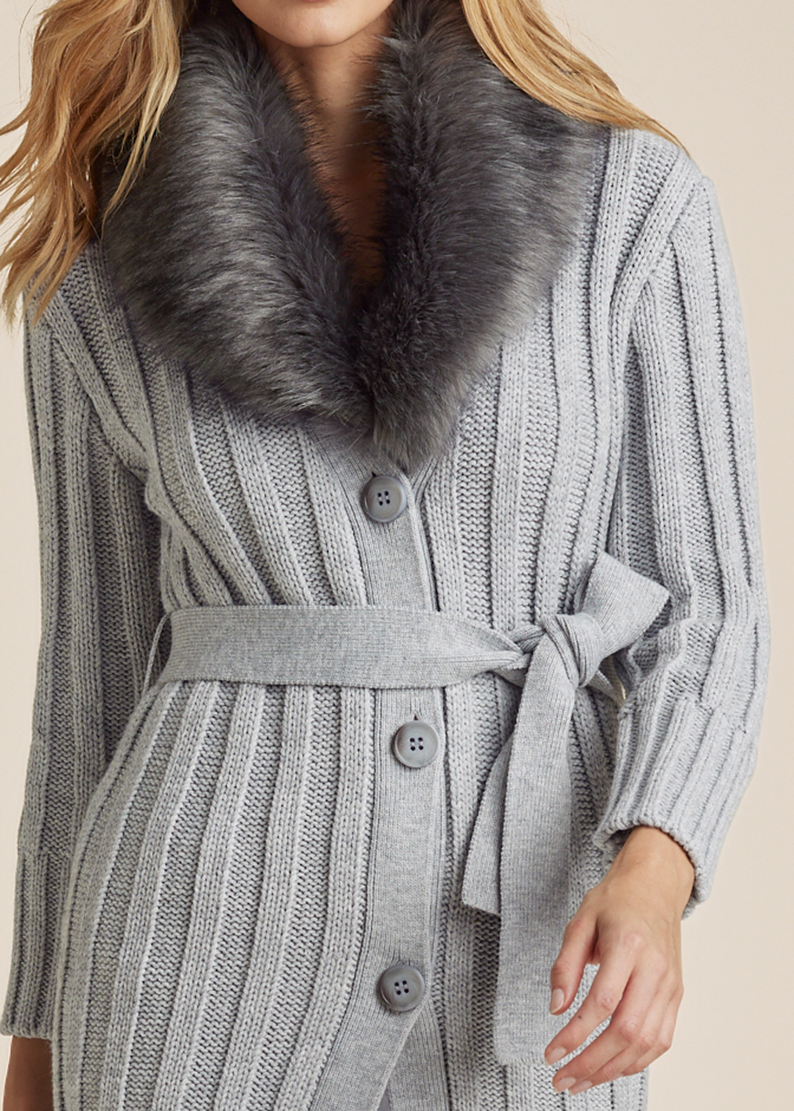 FAUX FUR COLLAR DUSTER in Light Heather Grey VENUS