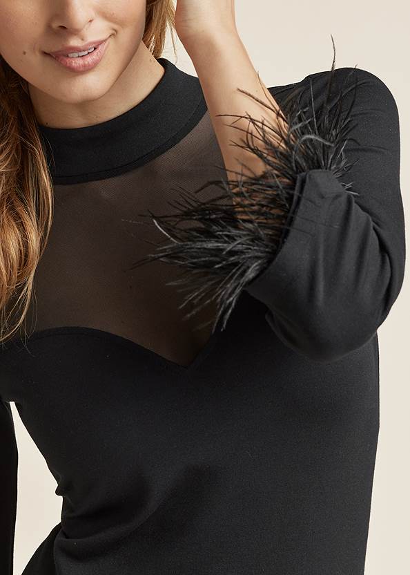 Detail front view Feather Cuff Mock Neck Top