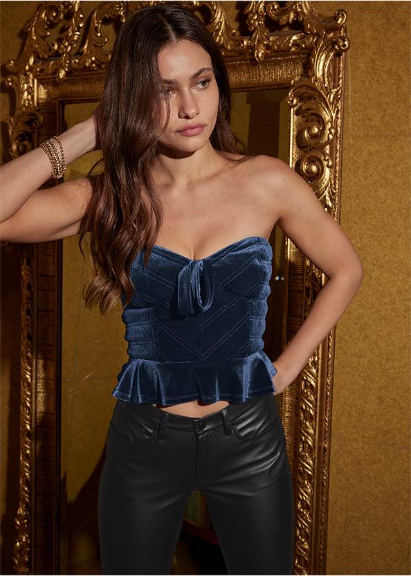 Crushed Velvet Bustier,5-Pocket Faux-Leather Pants,Skinny Jeans,Suede Over The Knee Boot