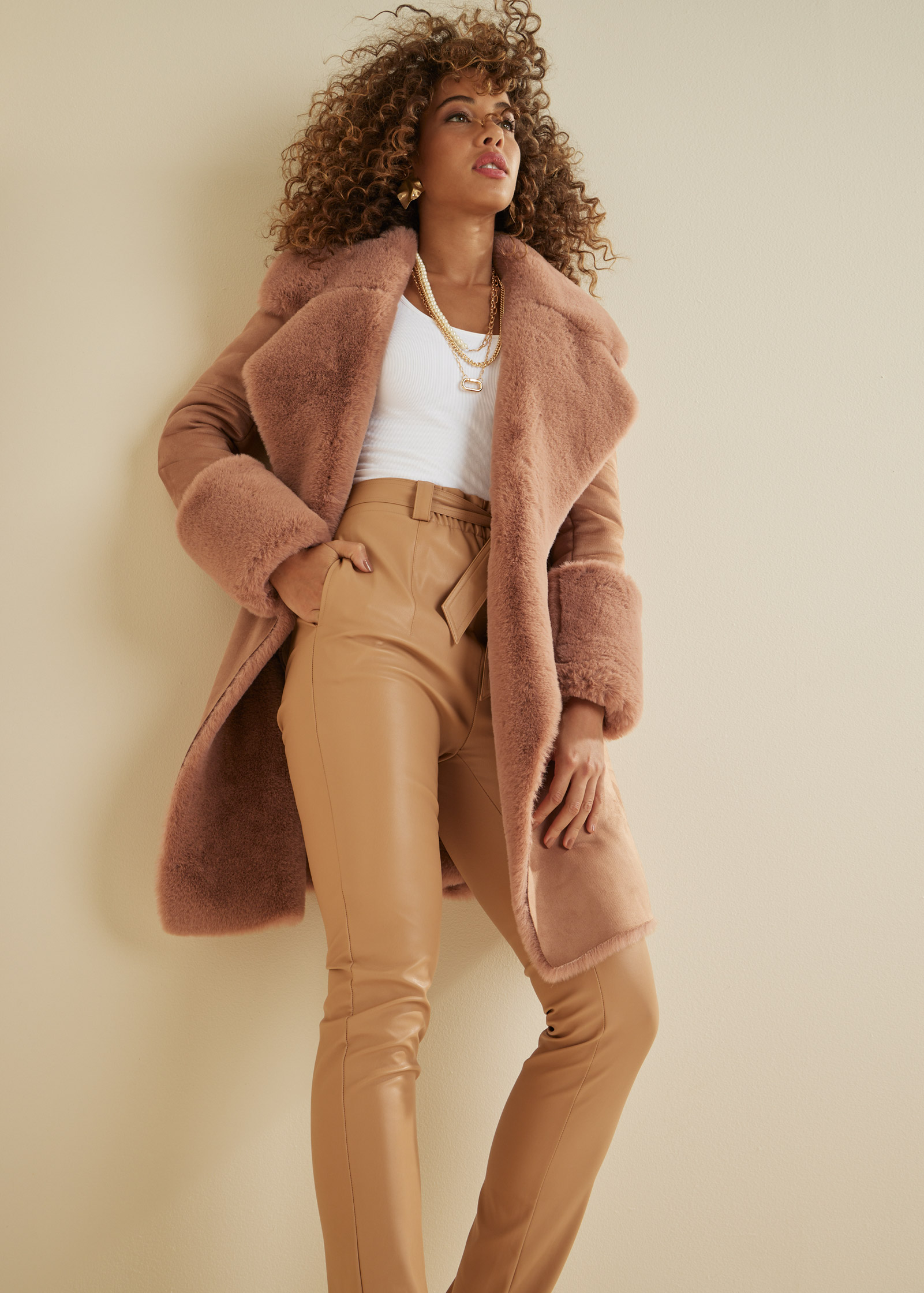 Camel pelted shop faux fur coat