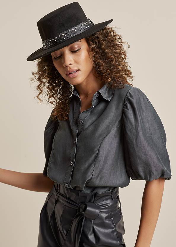 Puff Sleeve Button Down Top,New Vintage High Rise Jeans,Buckle Booties,Stud-Embellished Hat