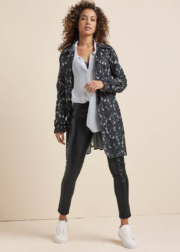 Lightweight Trench Coat,Pearl By Venus® Strappy Plunge Bra,Sheer Button-Up Sexy Shirt,5-Pocket Faux-Leather Pants,Lace-Up Star Sneakers
