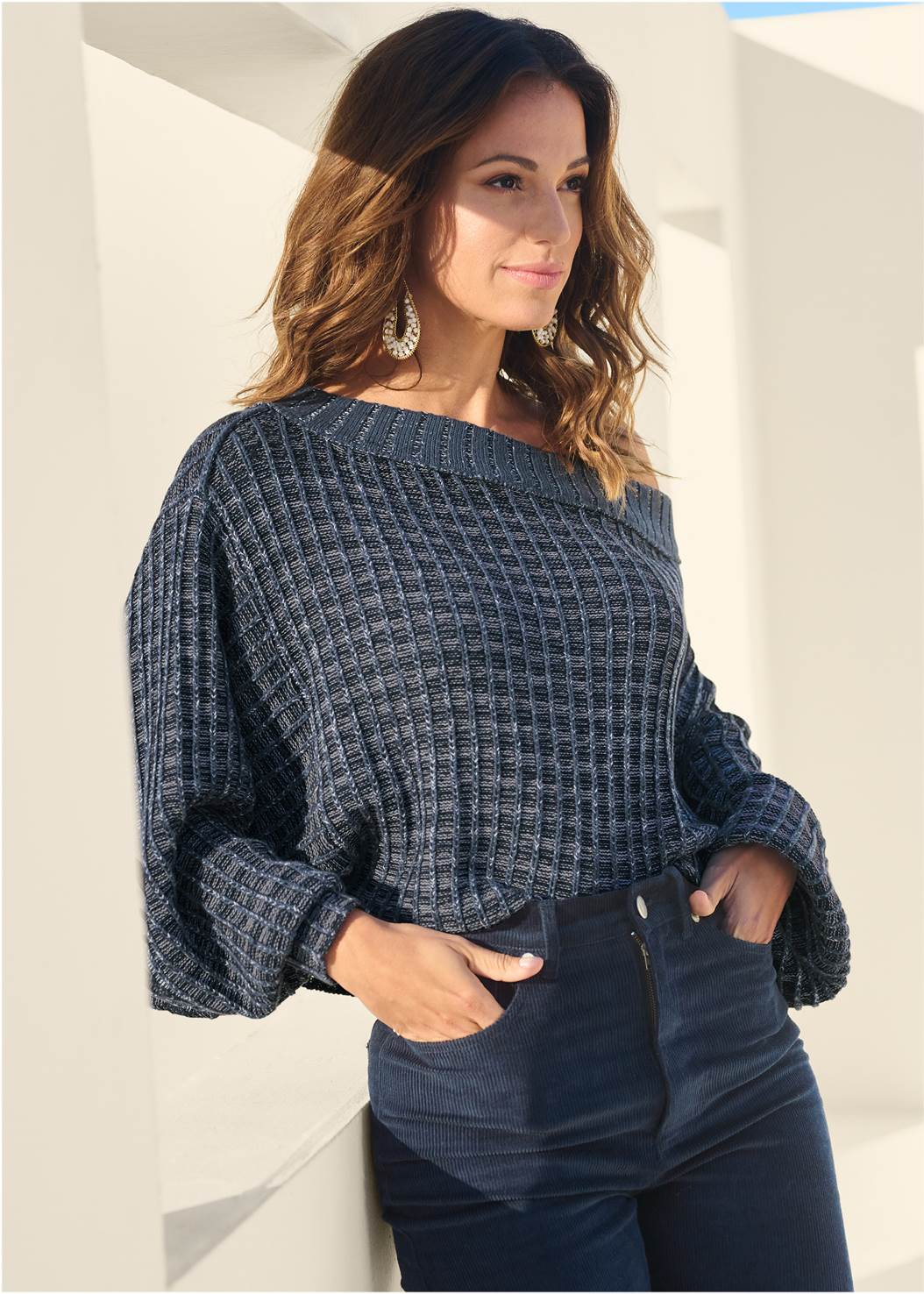 OFF-THE-SHOULDER SWEATER in Navy & White | VENUS