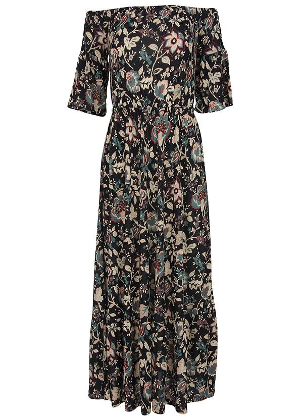 Off-The-Shoulder Maxi Dress in Black Floral | VENUS
