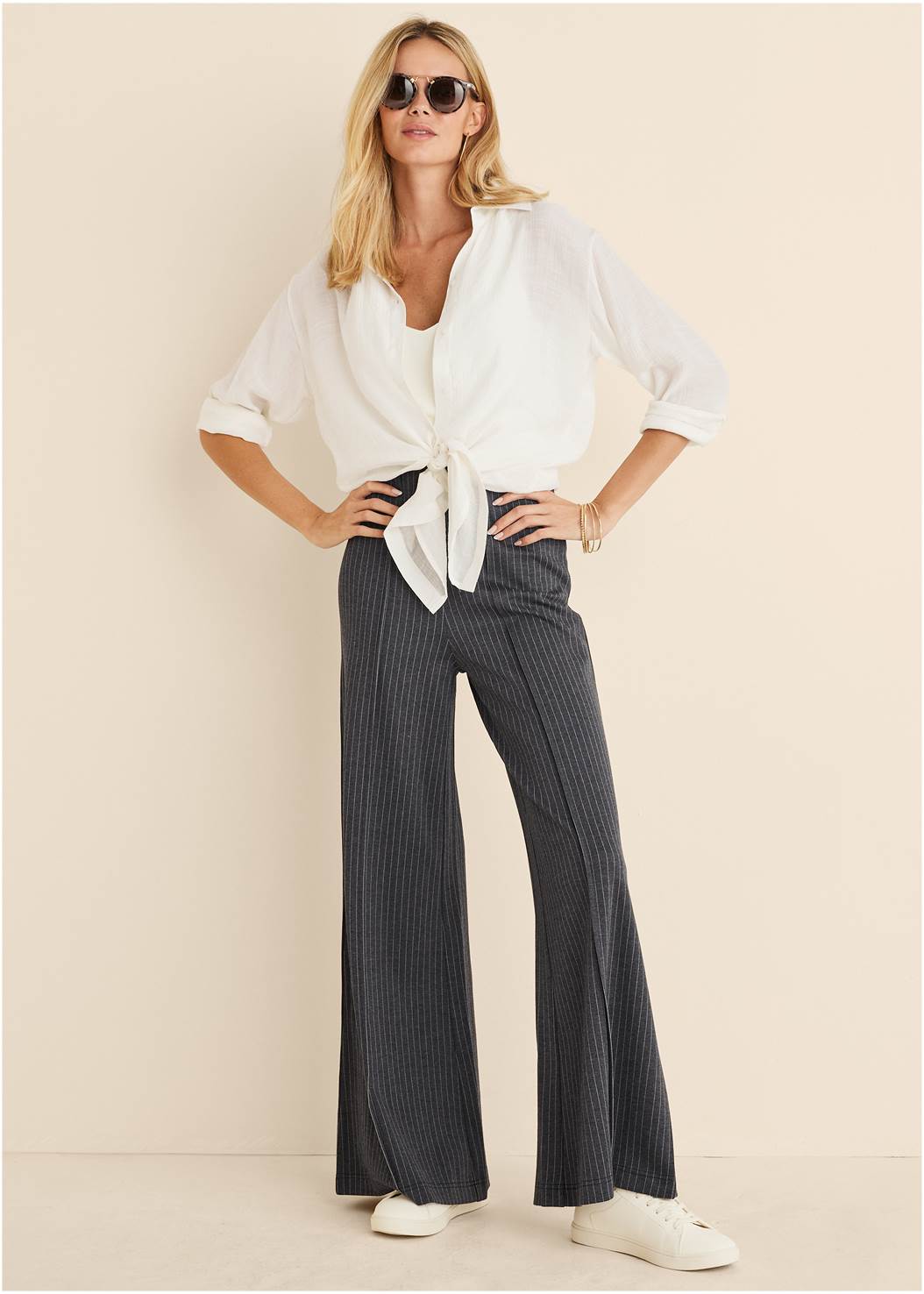 DIANA WIDE LEG PANTS in Heather Grey & Cream