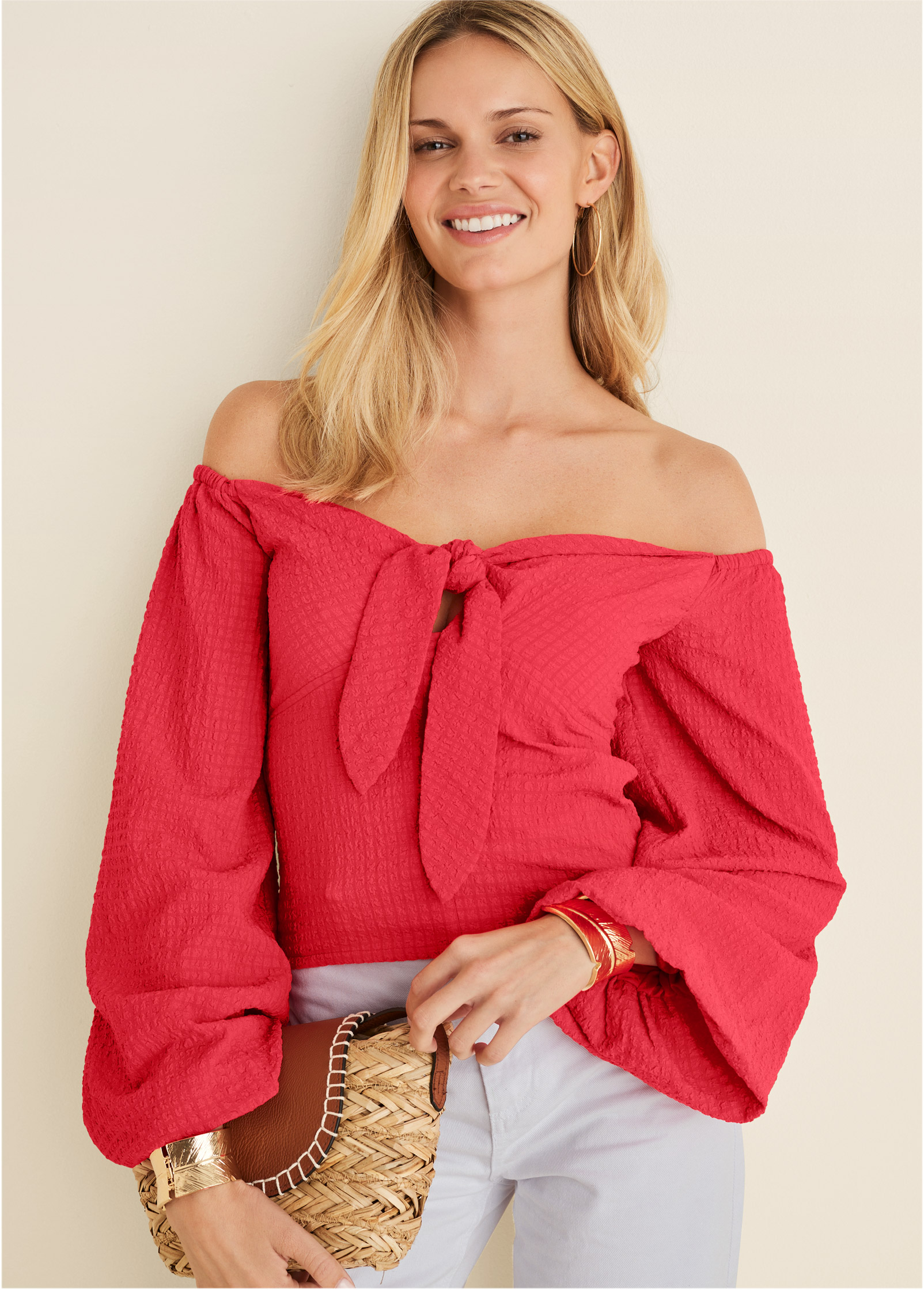 TEXTURED TIE FRONT TOP in Red | VENUS