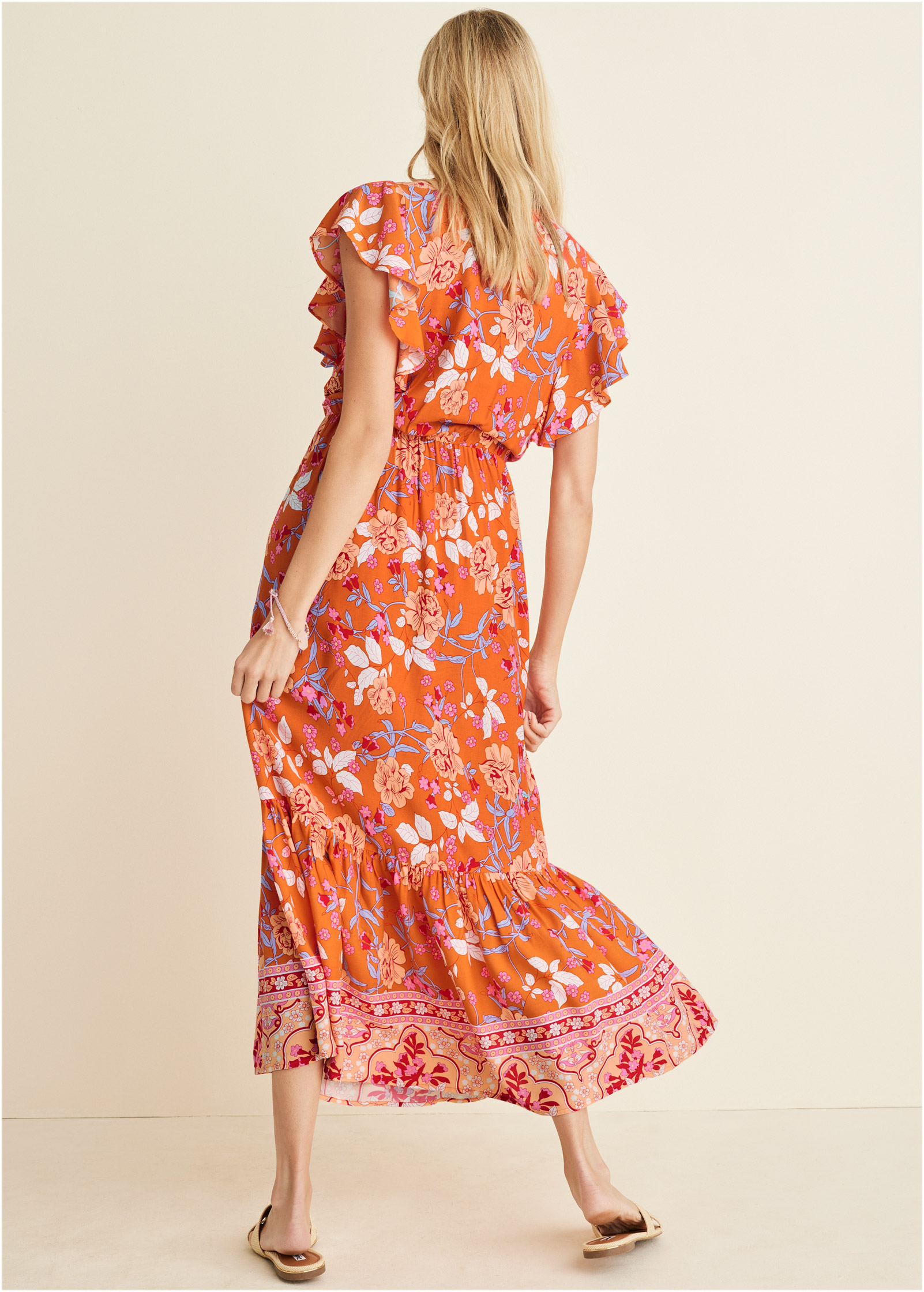 Flutter Sleeve Midi Dress in Orange Multi | VENUS