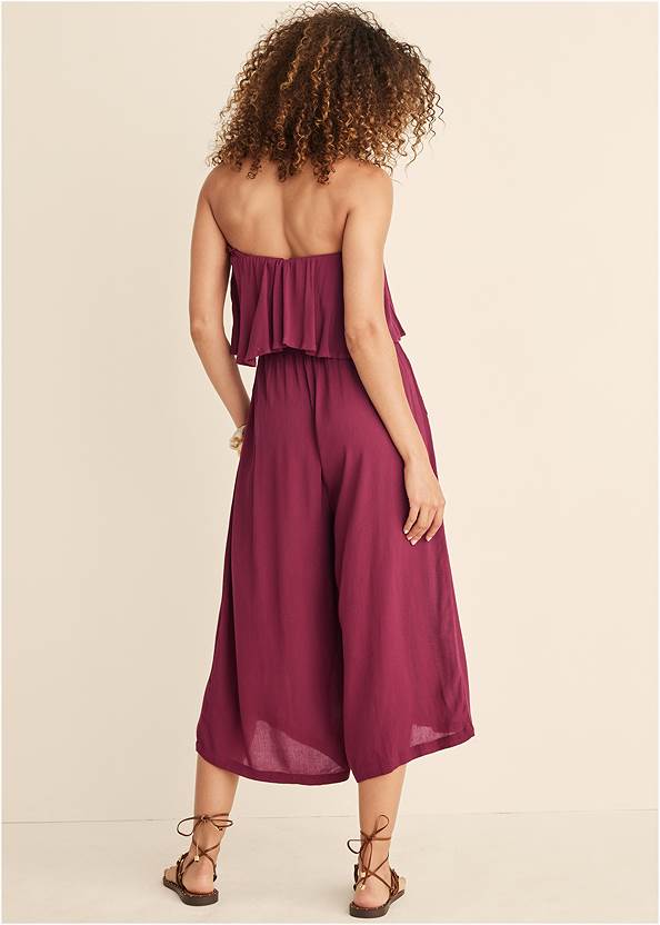 Full back view Strapless Ruffle Jumpsuit