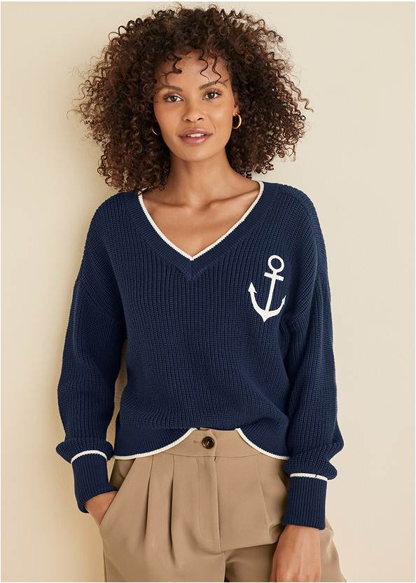 Anchor V-Neck Sweater,Jessica Cutoff Denim Shorts