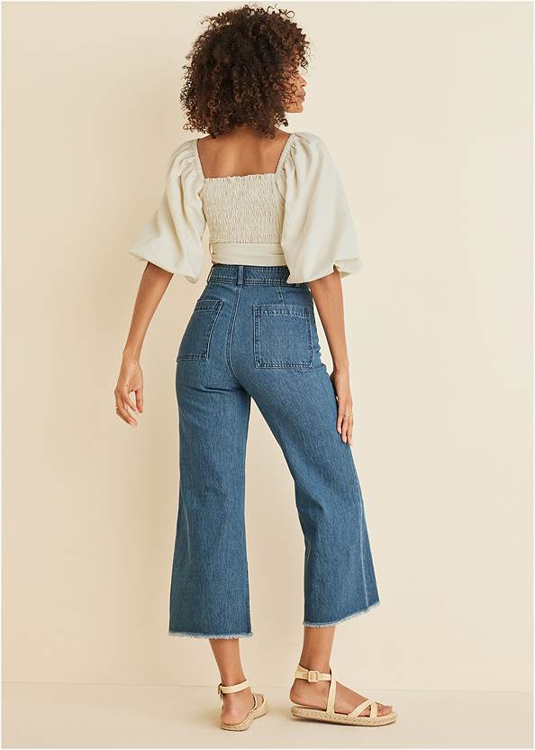 Full back view Puff Sleeve Linen Wrap Top
