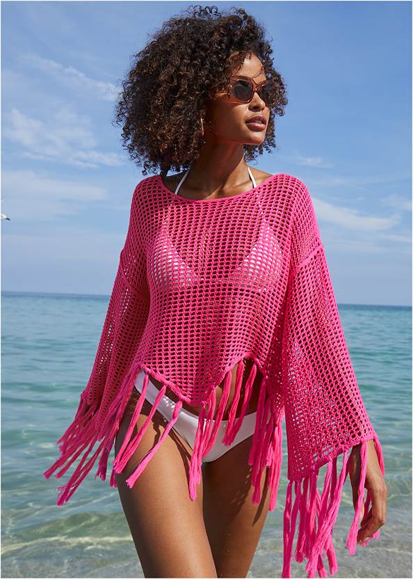 Fringe Crochet Cover-Up,Bahama String Bikini Top,Bali Scoop Bikini Bottom,Fiji Bikini Bottom,Distressed Jean Shorts