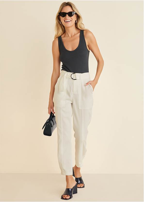 Relaxed Twill Straight Pant,Faux Croc Mules,Croc Detail Handbag,Scoop Neck Tank