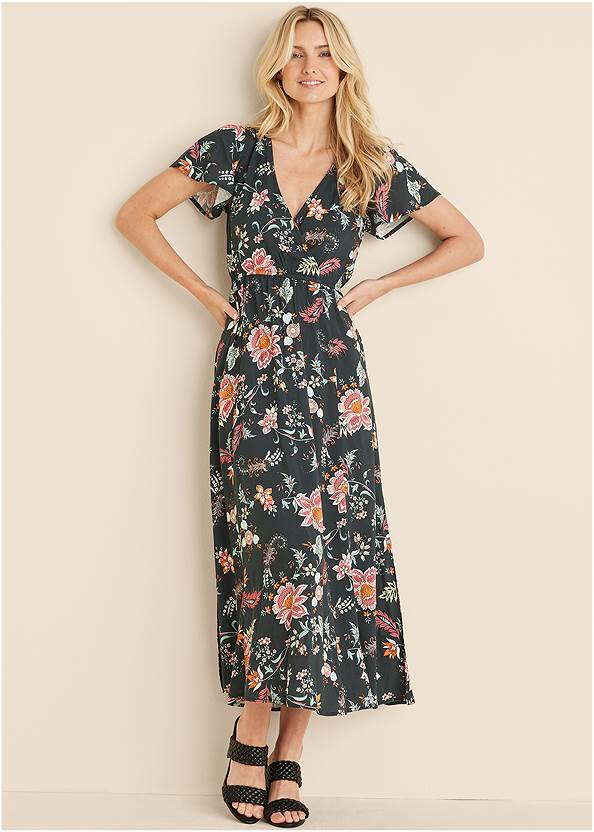 Printed Maxi Dress,Braided Double Strap Mules