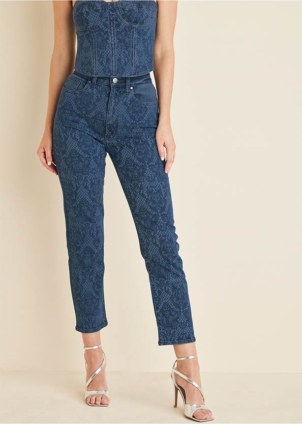 Waist down front view Lace Print Straight Jeans