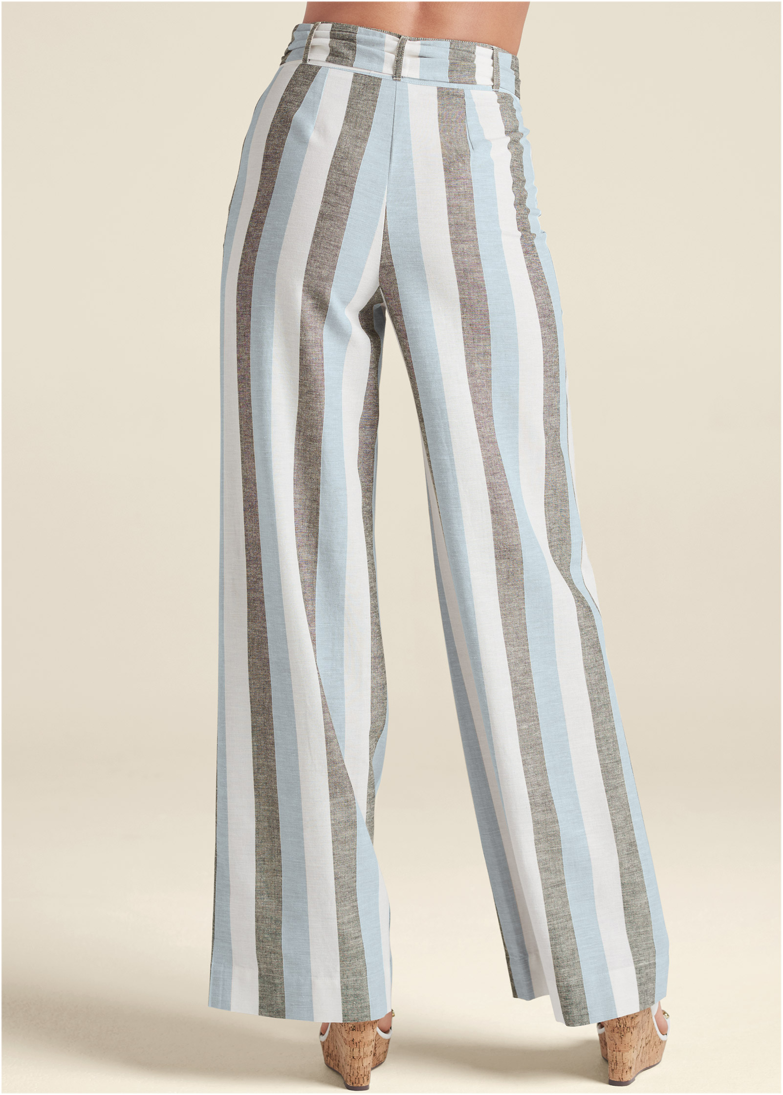 Striped Wide Leg Linen Pants With Self Belt in Light Blue Multi