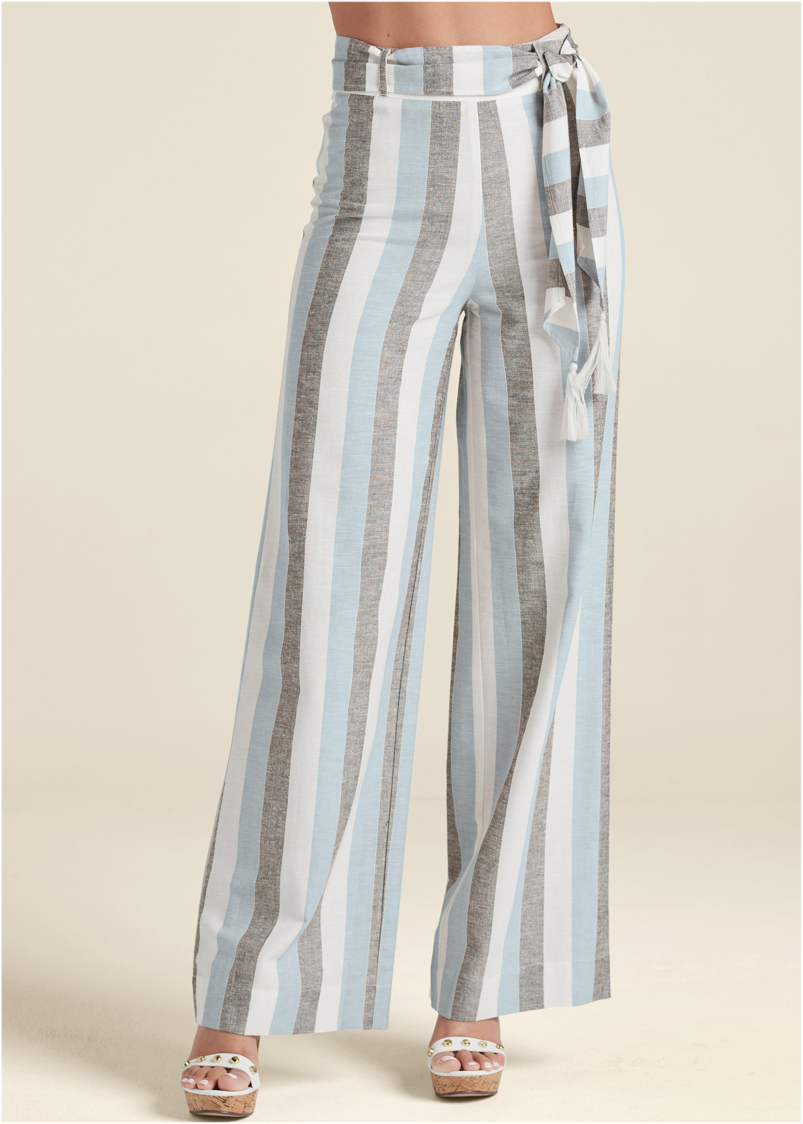 Striped Wide Leg Linen Pants With Self Belt in Light Blue Multi