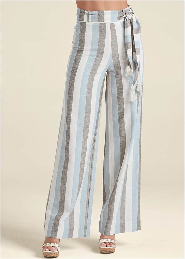 Front View Striped Wide Leg Linen Pants With Self Belt