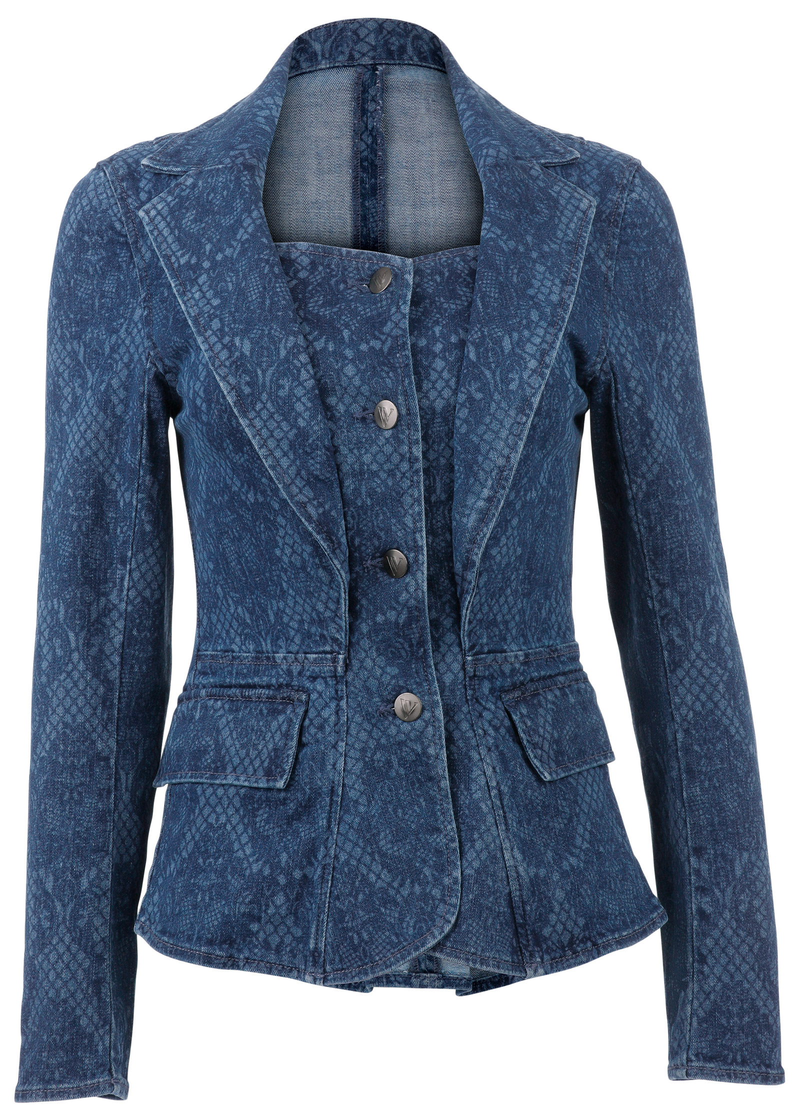 LACE PRINT DENIM BLAZER in Medium Wash | VENUS