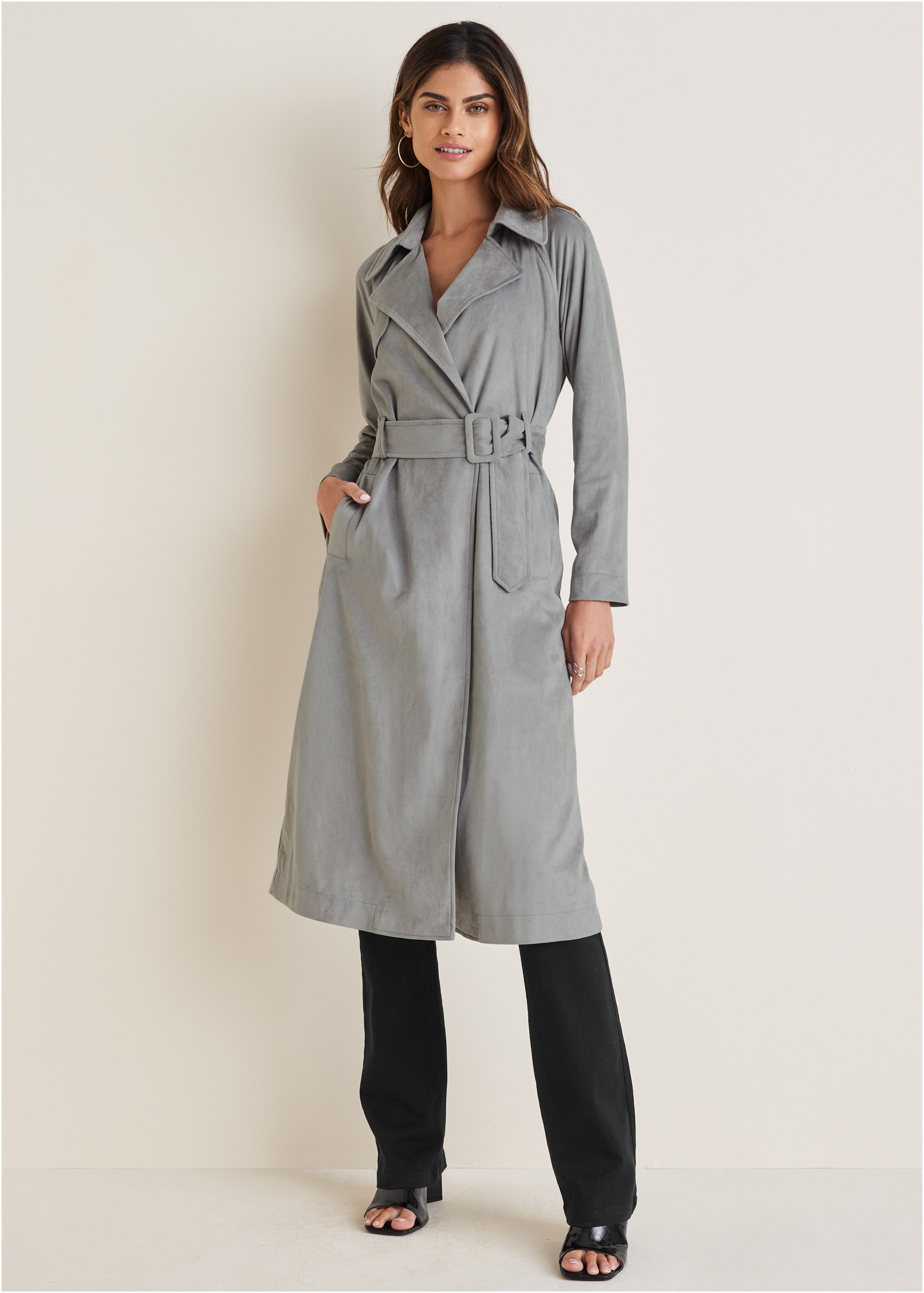 Grey suede shop trench coat