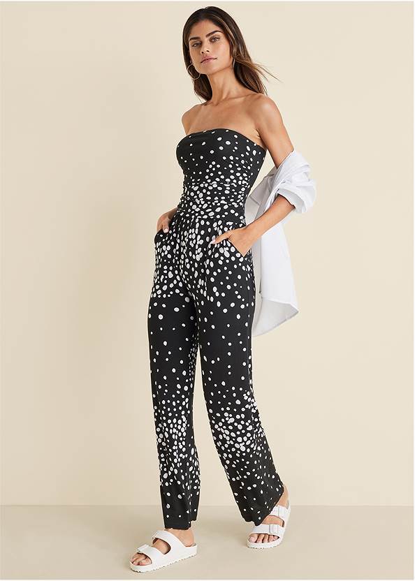 Strapless Printed Jumpsuit,Soft Button-Down Shirt