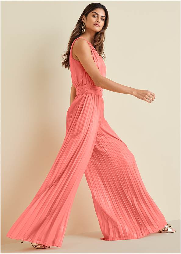 Full side view Gold Foil Pleated Jumpsuit