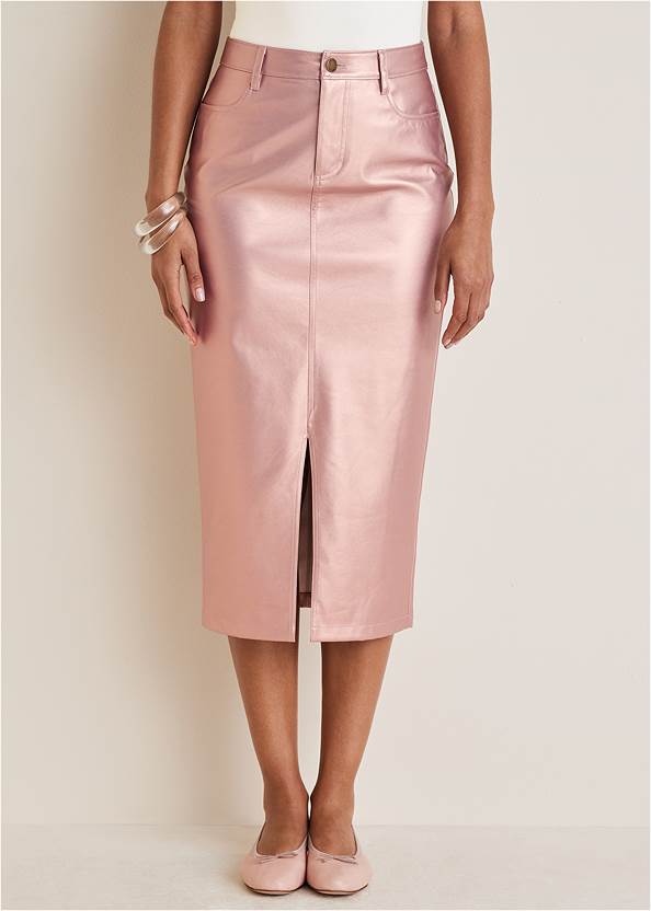 Waist down front view Faux Leather Midi Skirt