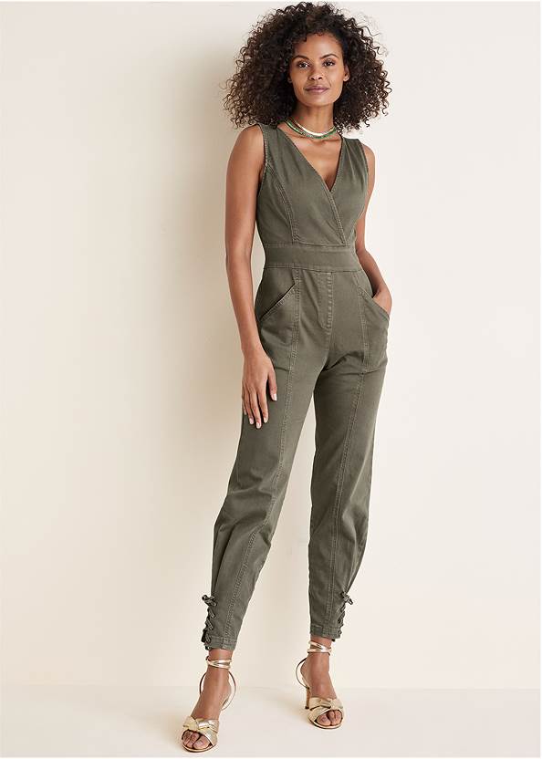 Twill Utility Jumpsuit,Knotted Ankle Strap Heels