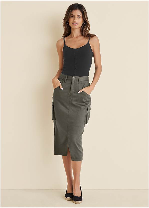Relaxed Twill Midi Skirt,Ribbed Button Detail Cami