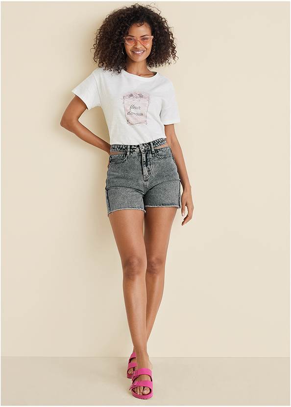 Rhinestone Cut Out Shorts,French Perfume Graphic Tee