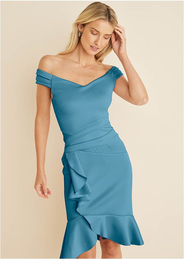 Cap Sleeve Ruffle Detail Dress in Blue