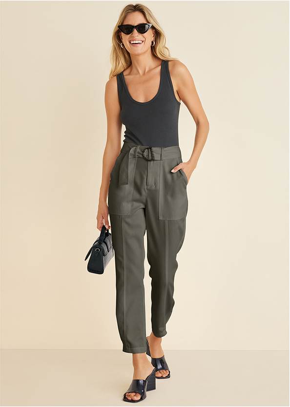 Relaxed Twill Straight Pant,Faux Croc Mules,Croc Detail Handbag,Scoop Neck Tank